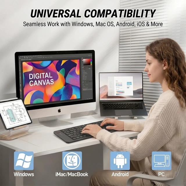 Alt view image 5 of 5 - Wireless Foldable Mini Rechargeable 5.4 Bluetooth Keyboard, 3 Bluetooth Channels, Ultra-Slim Travel Keyboard for iPhone iPad Mac Android Windows iOS, Silent Keyboard for Tablet Laptop Office (B