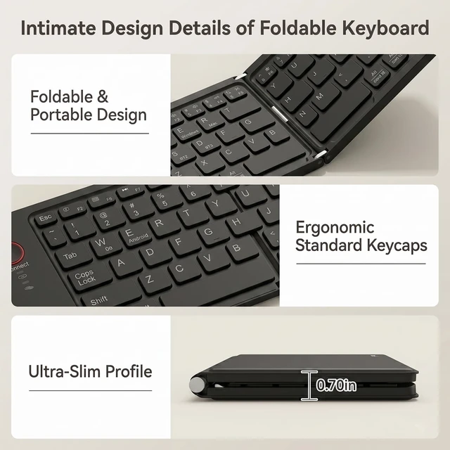 Alt view image 3 of 5 - Wireless Foldable Mini Rechargeable 5.4 Bluetooth Keyboard, 3 Bluetooth Channels, Ultra-Slim Travel Keyboard for iPhone iPad Mac Android Windows iOS, Silent Keyboard for Tablet Laptop Office (B