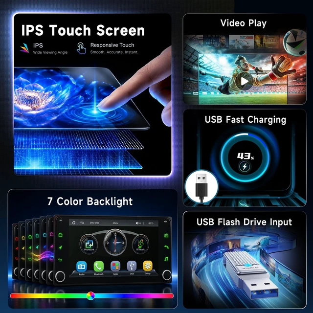 Alt view image 3 of 5 - Hodozzy 7" Double Din Stereo for Toyota Corolla Camry 4Runner RAV4 Yaris Land Cruiser Tacoma, Wireless CarPlay & Android Auto, 2 Din Touchscreen Radio Head Unit Bluetooth AM FM RDS, Backup Came