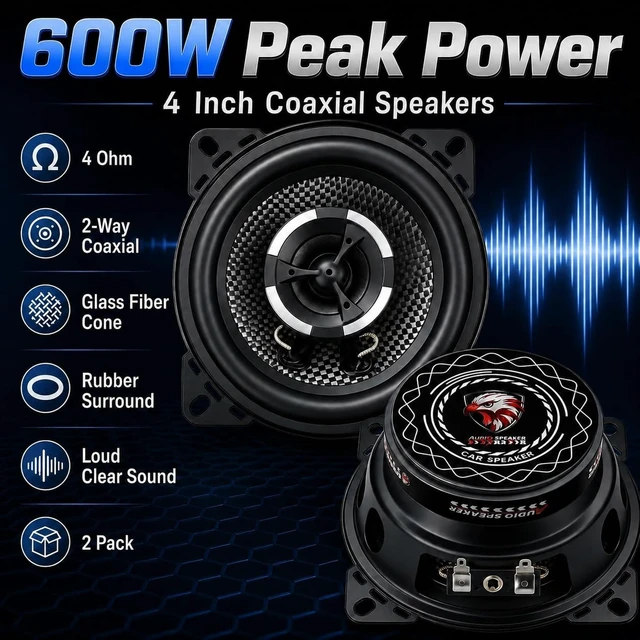 Alt view image 2 of 5 - XPXPIAA 4 Inch Car Speakers, 600W Peak 4 Ohm 2-Way Coaxial Speakers, Glass Fiber Cone, Rubber Surround, Loud Clear Sound and Punchy Bass for Car Audio, Door, Dash & DIY Speaker Box, 2 Pack