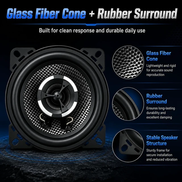 Alt view image 4 of 5 - XPXPIAA 4 Inch Car Speakers, 600W Peak 4 Ohm 2-Way Coaxial Speakers, Glass Fiber Cone, Rubber Surround, Loud Clear Sound and Punchy Bass for Car Audio, Door, Dash & DIY Speaker Box, 2 Pack