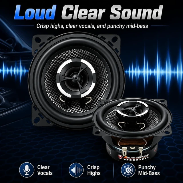 Alt view image 5 of 5 - XPXPIAA 4 Inch Car Speakers, 600W Peak 4 Ohm 2-Way Coaxial Speakers, Glass Fiber Cone, Rubber Surround, Loud Clear Sound and Punchy Bass for Car Audio, Door, Dash & DIY Speaker Box, 2 Pack