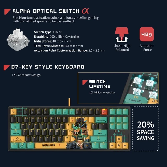 Alt view image 3 of 5 - Bloody AT87 Renegade Optical Mechanical Gaming Keyboard 87 Key Compact Layout RGB Backlit Exact Reset System