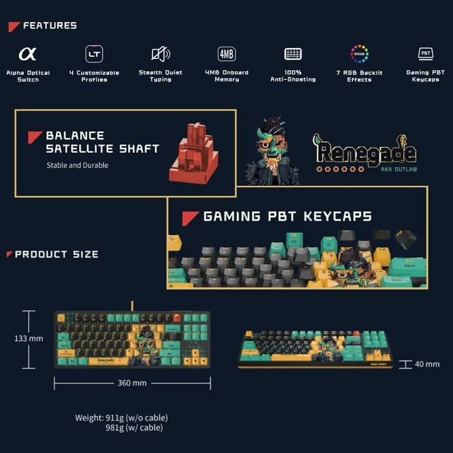 Alt view image 4 of 5 - Bloody AT87 Renegade Optical Mechanical Gaming Keyboard 87 Key Compact Layout RGB Backlit Exact Reset System