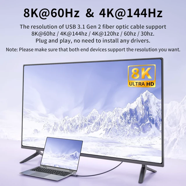 Alt view image 4 of 5 - 8K Fiber Optic USB C Cable 100FT, 10Gbps USB 3.2 Gen 2 Cable 8K@60Hz, 4K@144Hz, USB 3.1 Gen 2 Cable for Microsoft Azure/Logitech Brio 4K Webcam USB C Cable/Aver/Vaddio Webcam, Intel