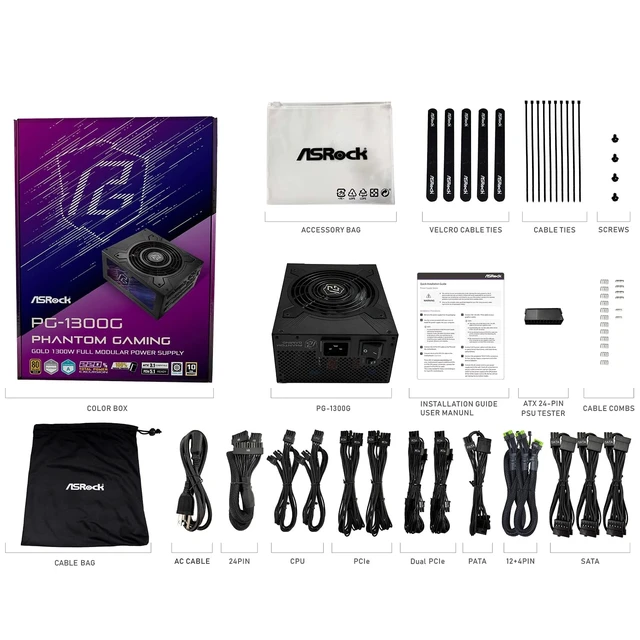 Alt view image 5 of 5 - ASRock Phantom Gaming PG-1300G ATX 3.1 1300W Power Supply PCle5.1 10 Years Warranty Fully Modular Japanese Capacitor 80 Plus Gold Cybenetics Platinum 12V-2x6 Cables