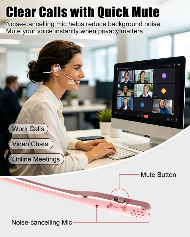 Alt view image 3 of 5 - Wireless Headset with Noise Cancelling Mic, Bluetooth V5.4 Headphones-Pink