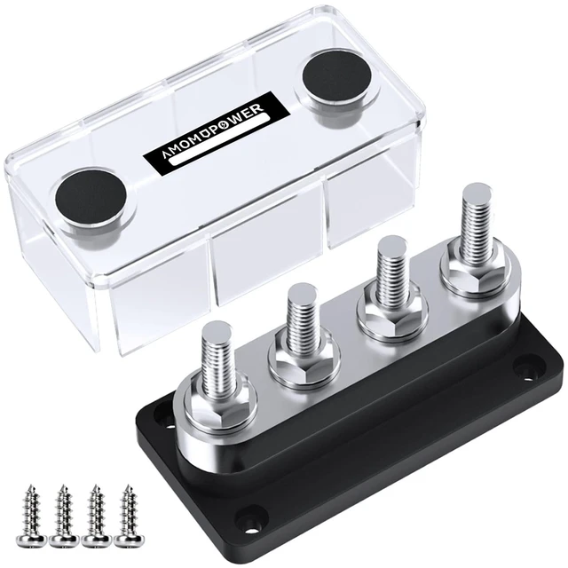Main image of AMOMD 600A High Current Bus Bar Nickel Plated Copper Distribution Block with 4 Studs (3/8 inch) M10 Ideal for Negative Electrical Battery Ground Buss Bar with Cover 300 V AC/12-48 V DC (Black)