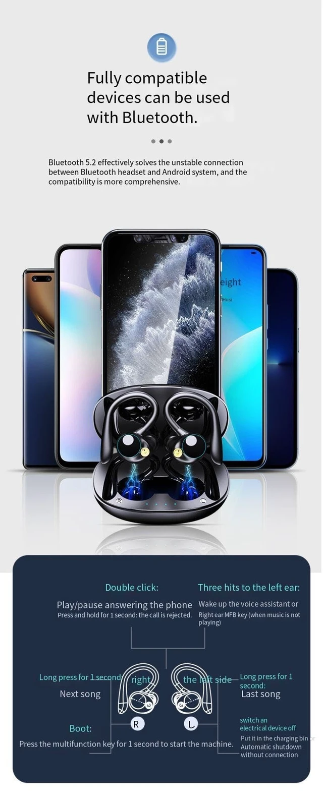 Alt view image 3 of 5 - Ear Buds Wireless Bluetooth Earbuds Sports Earhooks Headphones,ENC Noise-Canceling Stereo High Fidelity Sound and Long Battery Life,Mics Clear Call,IPX6 Waterproof Headset,Ergonomic for Gym/Run
