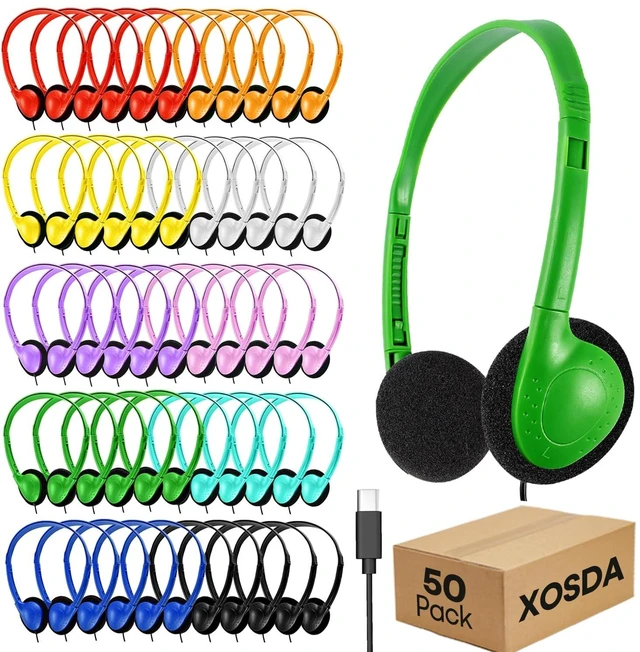 Main image of XOSDA 50 Pack Bulk Type C Headphones for Classroom Kids School, Wholesale USB C Wired Headphones for Students Children Compatible with Smartphones laptops Tablets(LS857C,50 Mixed)