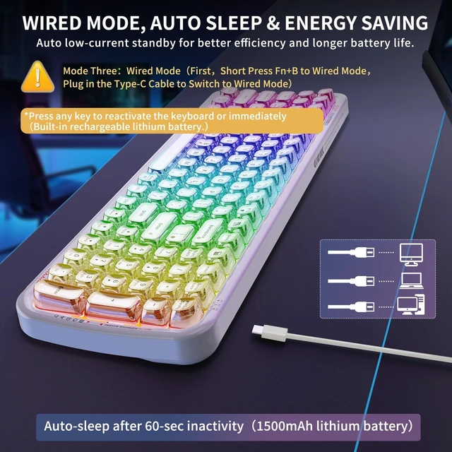 Alt view image 4 of 5 - FOPETT Wireless Computer Keyboard with RGB Backlit, Tri-Mode Bluetooth 5.0/USB-C/2.4GHz Ergonomic Gaming Keyboard - Full-Size Rechargeable Transparent Keycap for Laptop/Windows/PC - White
