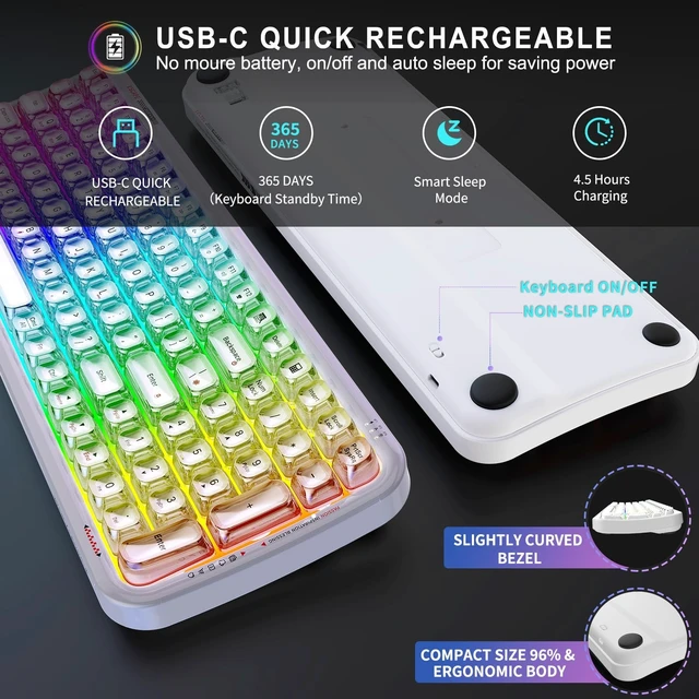 Alt view image 5 of 5 - FOPETT Wireless Computer Keyboard with RGB Backlit, Tri-Mode Bluetooth 5.0/USB-C/2.4GHz Ergonomic Gaming Keyboard - Full-Size Rechargeable Transparent Keycap for Laptop/Windows/PC - White