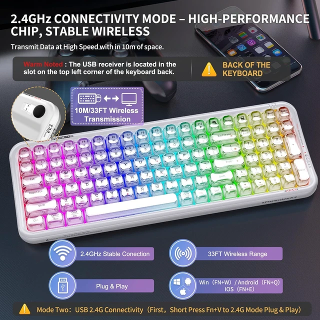 Alt view image 3 of 5 - FOPETT Wireless Computer Keyboard with RGB Backlit, Tri-Mode Bluetooth 5.0/USB-C/2.4GHz Ergonomic Gaming Keyboard - Full-Size Rechargeable Transparent Keycap for Laptop/Windows/PC - White