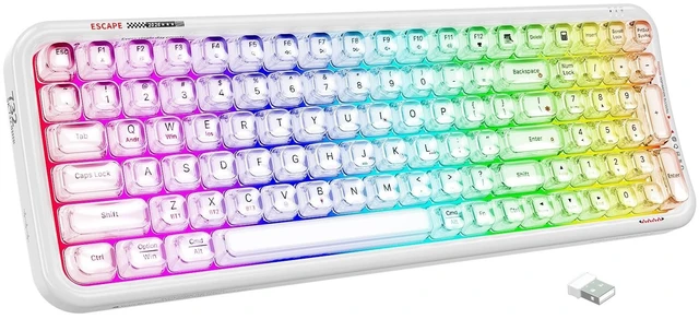 Main image of FOPETT Wireless Computer Keyboard with RGB Backlit, Tri-Mode Bluetooth 5.0/USB-C/2.4GHz Ergonomic Gaming Keyboard - Full-Size Rechargeable Transparent Keycap for Laptop/Windows/PC - White