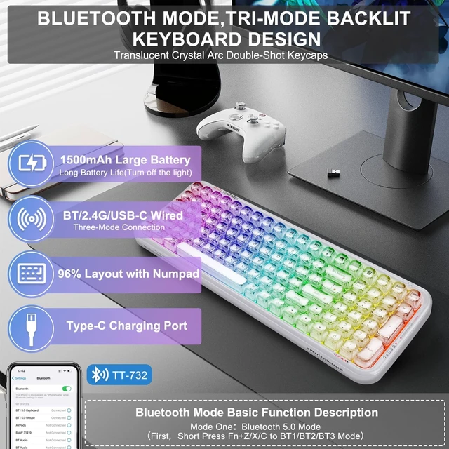 Alt view image 2 of 5 - FOPETT Wireless Computer Keyboard with RGB Backlit, Tri-Mode Bluetooth 5.0/USB-C/2.4GHz Ergonomic Gaming Keyboard - Full-Size Rechargeable Transparent Keycap for Laptop/Windows/PC - White