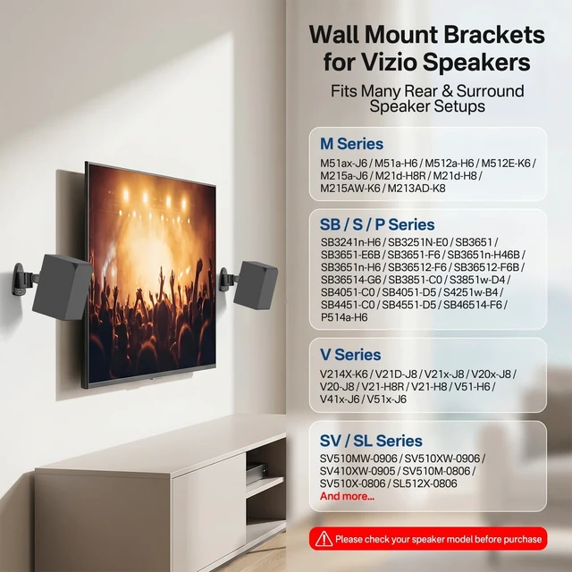 Alt view image 2 of 5 - tiebutie Speaker Wall Mounts Pair for Vizio Rear Speaker Mounts - Swivel & Tilt Wall Mount Bracket for V20x-J8, SV510X-08 and Most Vizio Surround Sound Speaker Mounts WR Keyhole & Thread Hole