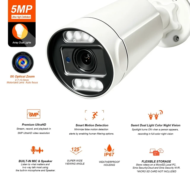 Alt view image 2 of 5 - SINIS 5MP PoE Security IP Camera, Outdoor 5X Optical Zoom Bullet Camera
