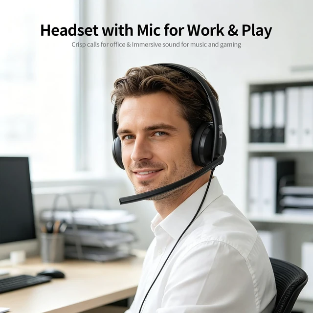 Alt view image 2 of 5 - TOALLIN Wired Headset with Noise Canceling Mics, USB Stereo Headphones