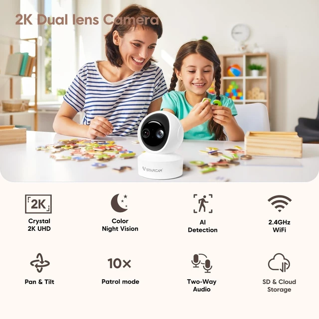 Alt view image 2 of 5 - VSTARCAM Dual Lens Indoor Security Camera, 2K QHD with 10X Zomm, 360 Pan-Tilt 2.4GHz with Color Night Vision, Motion Detection, Real-time Alerts, 2-Way Audio, Cloud & SD Card Storage(up to 256GB)