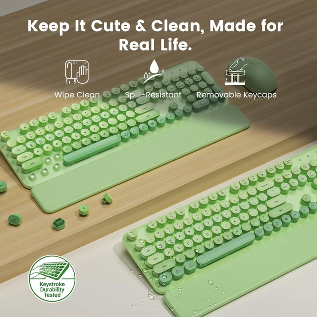 Alt view image 4 of 5 - Wireless Keyboard and Mouse Combo, Magnetic Soft-Touch Wrist Rest, Round Keycaps, Full-Size Retro Typewriter Keyboard, 2-Stage Tilt Legs, Auto Sleep, 2.4GHz Cordless for Windows PC (Green Ombre