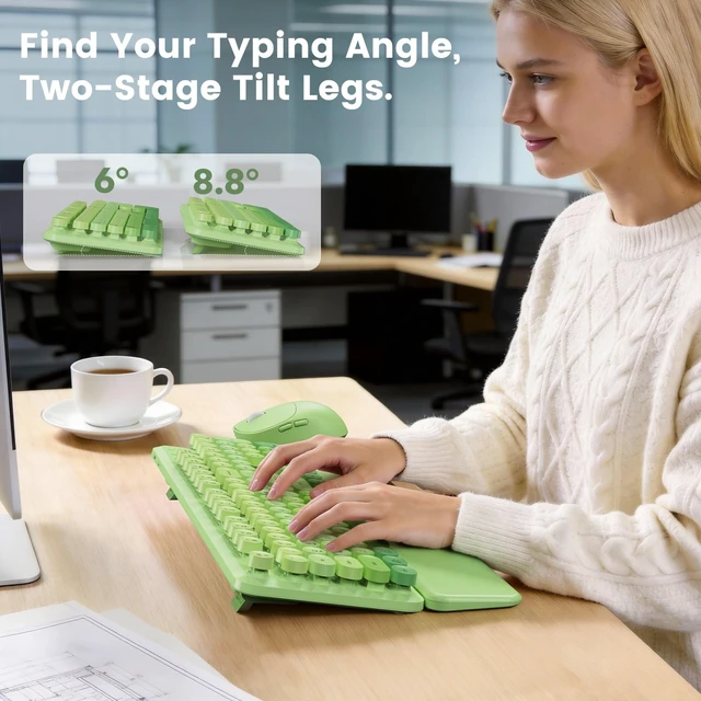 Alt view image 5 of 5 - Wireless Keyboard and Mouse Combo, Magnetic Soft-Touch Wrist Rest, Round Keycaps, Full-Size Retro Typewriter Keyboard, 2-Stage Tilt Legs, Auto Sleep, 2.4GHz Cordless for Windows PC (Green Ombre