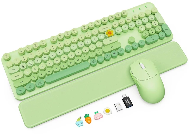Main image of Wireless Keyboard and Mouse Combo, Magnetic Soft-Touch Wrist Rest, Round Keycaps, Full-Size Retro Typewriter Keyboard, 2-Stage Tilt Legs, Auto Sleep, 2.4GHz Cordless for Windows PC (Green Ombre