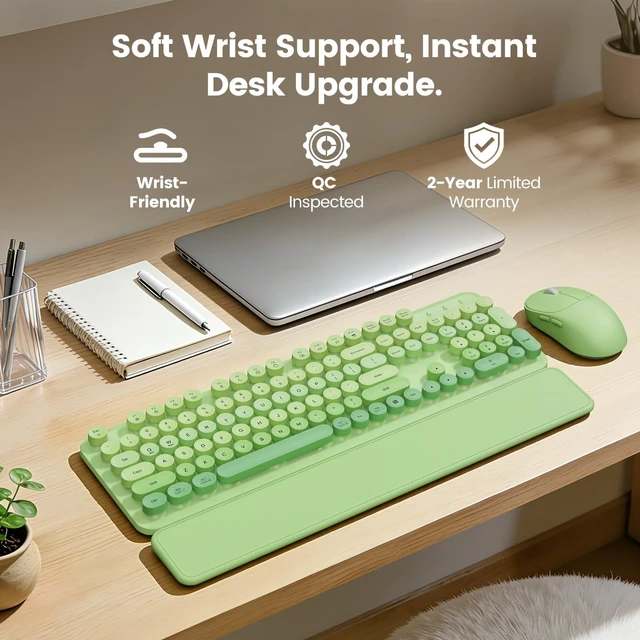 Alt view image 2 of 5 - Wireless Keyboard and Mouse Combo, Magnetic Soft-Touch Wrist Rest, Round Keycaps, Full-Size Retro Typewriter Keyboard, 2-Stage Tilt Legs, Auto Sleep, 2.4GHz Cordless for Windows PC (Green Ombre