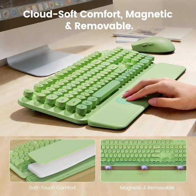 Alt view image 3 of 5 - Wireless Keyboard and Mouse Combo, Magnetic Soft-Touch Wrist Rest, Round Keycaps, Full-Size Retro Typewriter Keyboard, 2-Stage Tilt Legs, Auto Sleep, 2.4GHz Cordless for Windows PC (Green Ombre