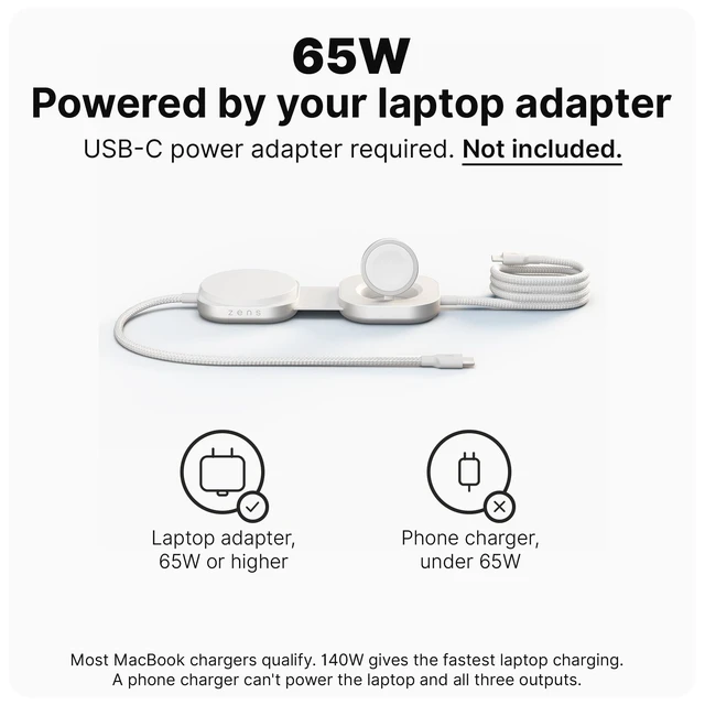 Alt view image 3 of 5 - ZENS MagSafe Charger USB-C Cable with Apple Watch Charger for MacBook and iPhone, Qi2 15W, Requires 65W+ Adapter, Not Included, Cable Pro 3, MFi Certified, 4.9 ft, White