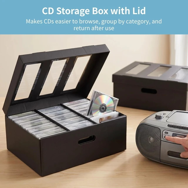 Alt view image 3 of 5 - TIMCORR CD Storage Boxes,5PCS Stackable CD Storage Cases Organizer with Lid,3-Compartment CD Case Holder with Clear Window,Holds 450 Jewel Cases,16.22 x 12.48 x 5.91 inches