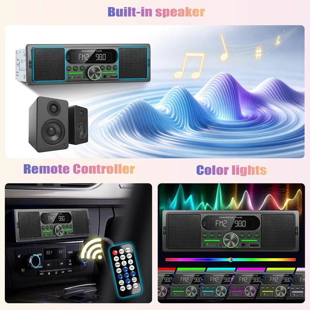 Alt view image 5 of 5 - Single Din Car Stereo with Bluetooth 5.1 AM/FM, Built-in Dual Speakers