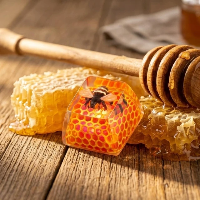 Alt view image 4 of 5 - WEDIWALL Luxury Honeybee Artisan Keycap - Handmade Honeycomb Resin Custom Keycap for Mechanical Keyboards, Backlit Shine-Through Amber Glow, Universal Cherry MX Switch Compatible (ESC Key/F-Row)