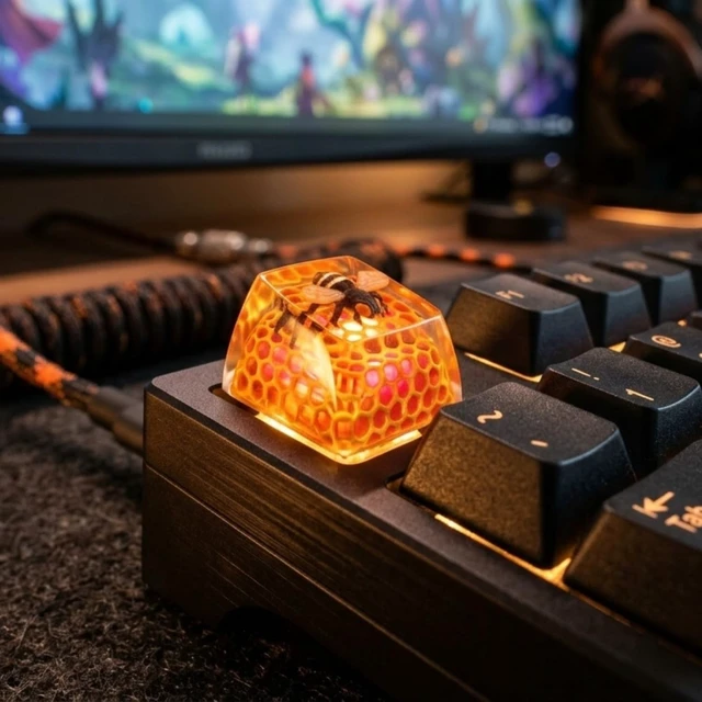 Alt view image 5 of 5 - WEDIWALL Luxury Honeybee Artisan Keycap - Handmade Honeycomb Resin Custom Keycap for Mechanical Keyboards, Backlit Shine-Through Amber Glow, Universal Cherry MX Switch Compatible (ESC Key/F-Row)