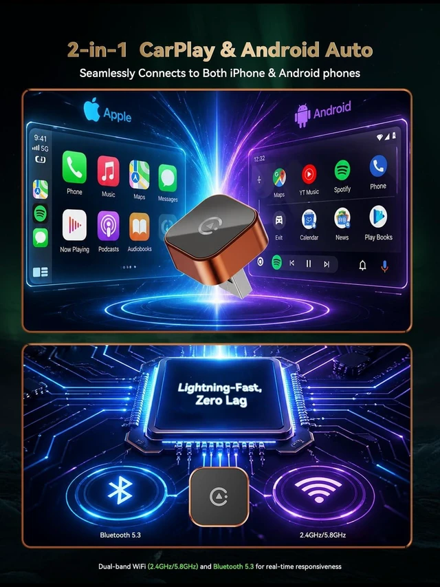 Alt view image 5 of 5 - 2026 Wireless CarPlay Adapter for iPhone & Android Auto Wireless Adapter 2-in-1 Car Play Wireless Adapter Dongle, Plug & Play, Fast Stable LowLatency Auto Reconnect for OEM Wired