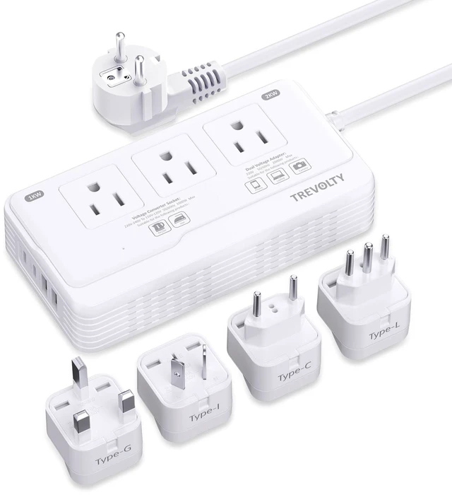 Main image of 2000W Voltage Converter US to Europe for Hair Dryer, 220V to 110V Converter for European Travel with 3AC/2USB-A/2USB-C (PD20W), 7 in 1 Universal Travel Adapter with Type C/G/I/L Plugs (White)