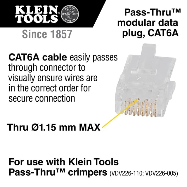 Alt view image 2 of 5 - Klein Tools VDV826-704 Modular Data Plug for CAT6A and Larger Diameter CAT6 Indoor or Outdoor Ethernet Cable, 50 Pack