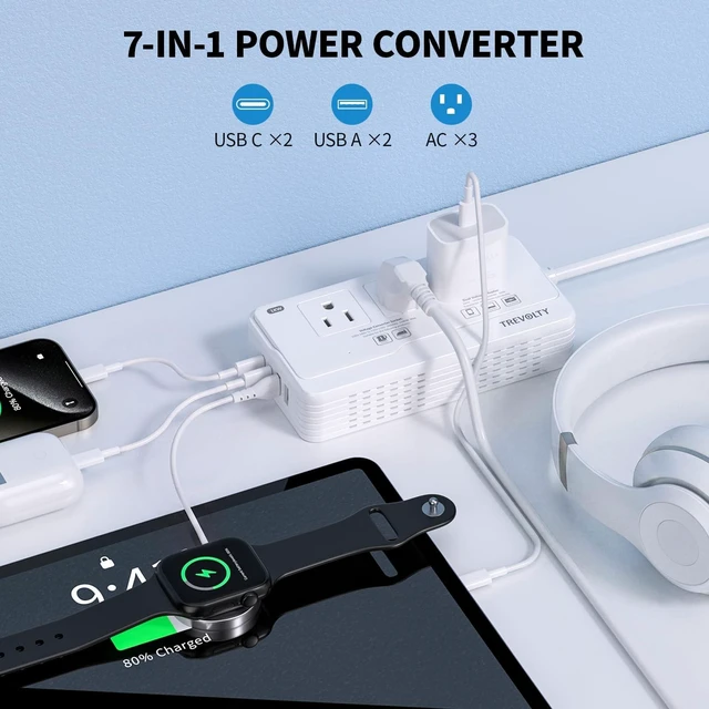 Alt view image 3 of 5 - 2000W Voltage Converter US to Europe for Hair Dryer, 220V to 110V Converter for European Travel with 3AC/2USB-A/2USB-C (PD20W), 7 in 1 Universal Travel Adapter with Type C/G/I/L Plugs (White)