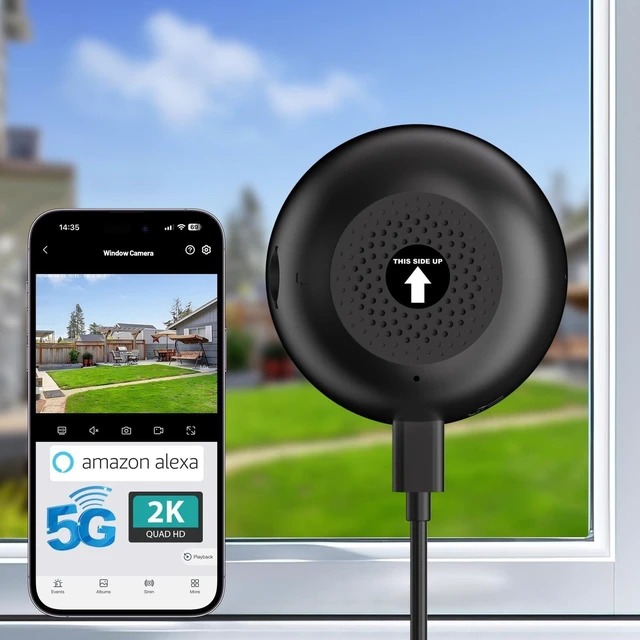 Main image of volmees 2K Window Camera, 5G & 2.4GHz WiFi Indoor Dome Camera for Home Security w/Full Color Night Vision, Real-Time Alerts, Human/Motion Detection, Alexa, 24/7 Recording, Easy Install,Black,Short-1P