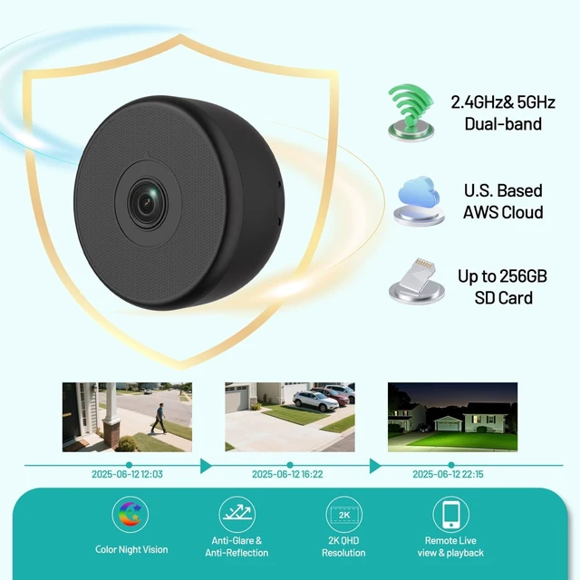 Alt view image 3 of 5 - volmees 2K Window Camera, 5G & 2.4GHz WiFi Indoor Dome Camera for Home Security w/Full Color Night Vision, Real-Time Alerts, Human/Motion Detection, Alexa, 24/7 Recording, Easy Install,Black,Short-1P