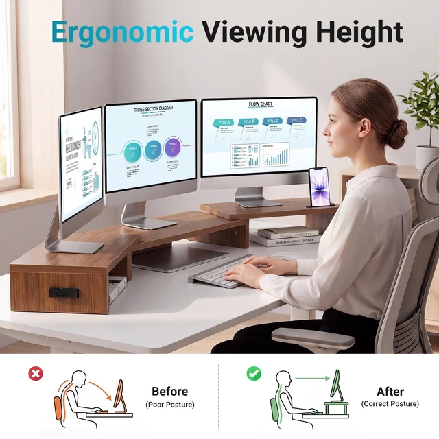 Alt view image 2 of 5 - BONTEC Triple Monitor Stand Riser with Smartphone Holder, Walnut