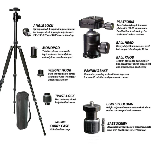 Alt view image 5 of 5 - VidPro AT-72 VentureMaxx 72" Professional 4-Section Twist-Lock Aluminum Travel Tripod with Quick Release Ball Head, 20 lbs Capacity