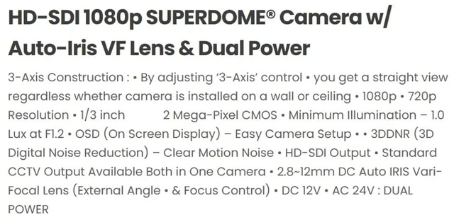 Alt view image 2 of 5 - HD-SDI CCTV 2MP 1080p Eyemax SUPERDOME Indoor Dome Camera with 2.8-12mm Lens, Dual Power, Dual Video Out, 3D DNR, OSD, Model XDL-204V, White Casing