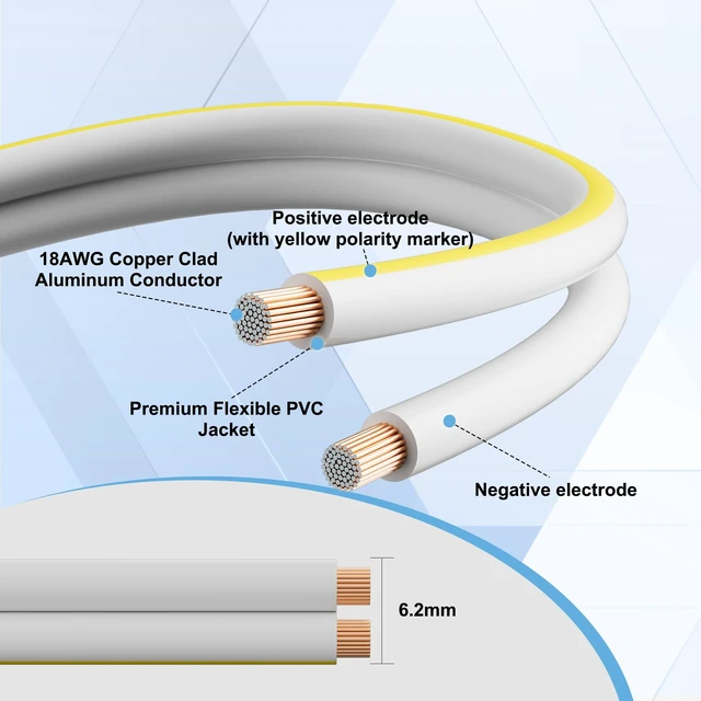 Alt view image 2 of 5 - 18AWG Speaker Wire 200 FT, 18 Gauge Audio Security Alarm Hookup Control Low Voltage Cable, Home Theater Wire, Automotive Wire, White Cord with Yellow Polarity Marker, CCA, 2 Conductors Electrical Wire