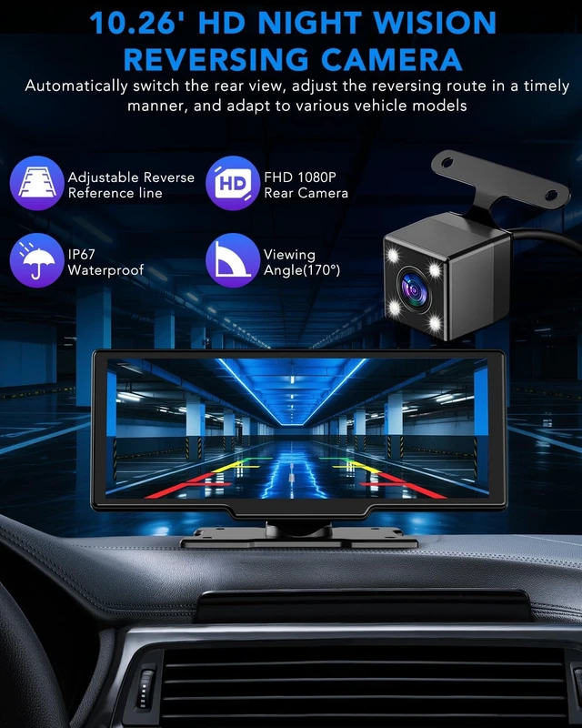 Alt view image 5 of 5 - 10.26" Portable Apple CarPlay Screen for Car, Wireless CarPlay & Android Auto Touch Screen, 4K Dash Cam, 1080P Backup Camera, Bluetooth 5.0, FM Transmitter, Mirror Link, Phone Navigation