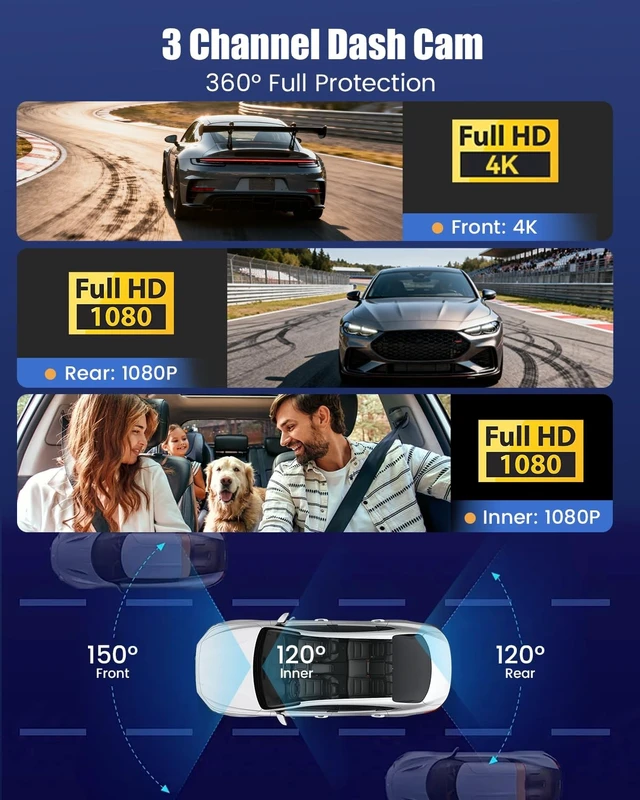 Alt view image 2 of 5 - 4K Dash Cam Front, Rear and Inside with 5.8GHz WiFi, 3.16" IPS Screen