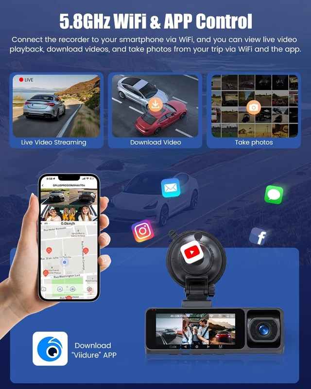 Alt view image 3 of 5 - 4K Dash Cam Front, Rear and Inside with 5.8GHz WiFi, 3.16" IPS Screen