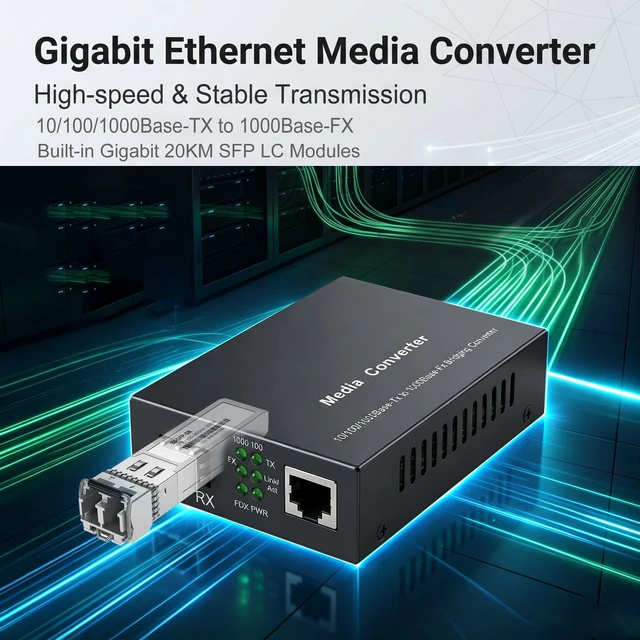 Alt view image 2 of 5 - A Pair of Gigabit Fiber Media Converter with 2 Packs Gigabit SFP LC Modules 20KM Single-Mode, 1.25G/s Fiber to Ethernet Converter, Gigabit SFP to RJ45 10/100/1000M, SMF, 1310nm