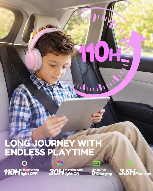 Alt view image 5 of 5 - Acer OHR727 Kids Bluetooth Headphones Travel, OverEar Comfort Design
