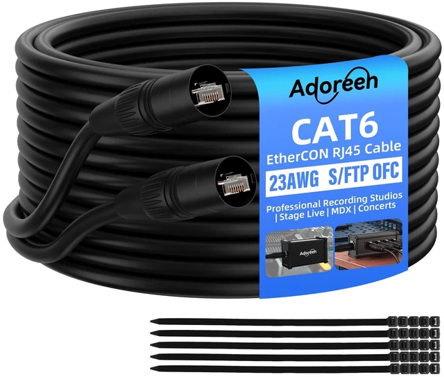 Main image of Adoreen Shielded Cat 6 Ethernet Cable 15 Ft EtherCON-Compatible RJ45 Connectors, 23 Gauge OFC EtherCON Cable, S/FTP, PVC&UV Jacket, Indoor&Outdoor for Pro Audio& Lighting, Video, Networking+Ties