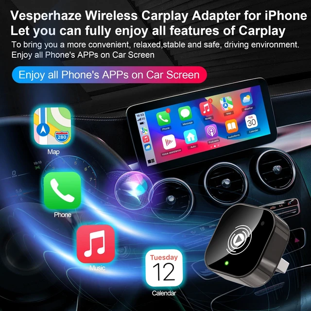 Alt view image 2 of 5 - Auto-Connected Wireless Carplay Adapter for iPhone, Vesperhaze Plug&Play Carplay Wireless Adapter with BT5.3 & Dual-Band WiFi-No Latency, Stable Fit for Cars, for Apple iPhone iOS 10+,Gr